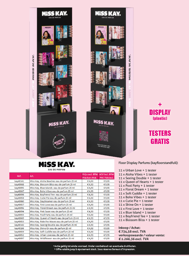 Miss Kay.  14 SKU Floor Stand GEVULD + testers